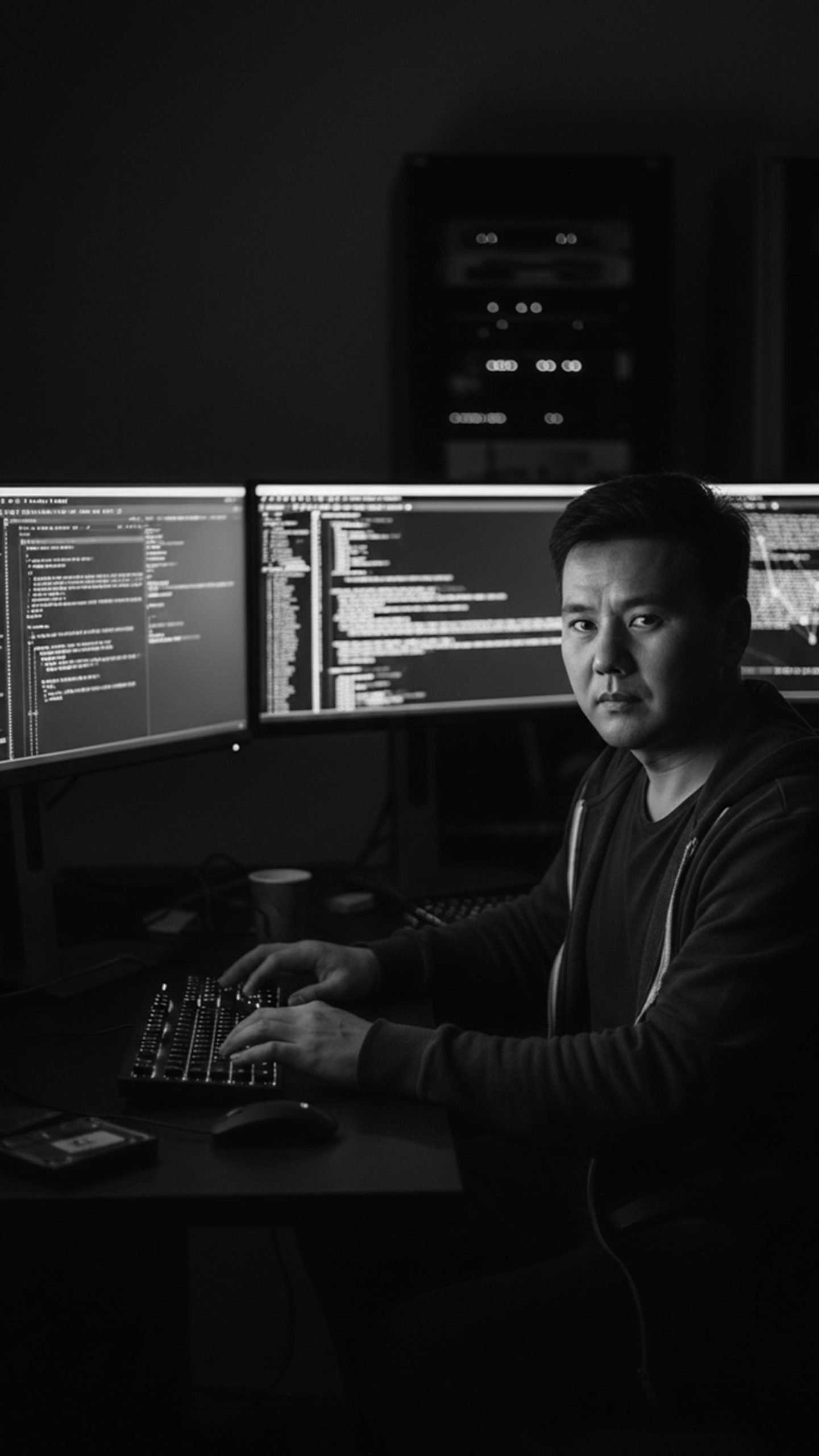 Persona trabajando frente a varios monitores de sistemas